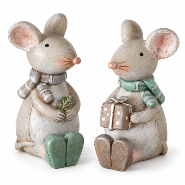 Weihnachtsdeko Mäuse Set 8cm Braun Grün - Kunstharz Dekofigur