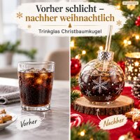 Weihnachts Trinkglas mit Strohhalm 400ml Transparent Silberfarben Glas