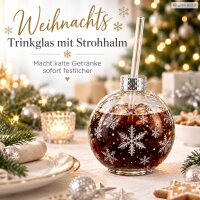Weihnachts Trinkglas mit Strohhalm 400ml Transparent Silberfarben Glas