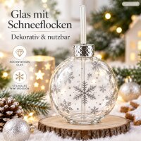 Weihnachts Trinkglas mit Strohhalm 400ml Transparent Silberfarben Glas