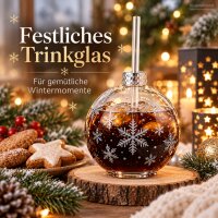 Weihnachts Trinkglas mit Strohhalm 400ml Transparent Silberfarben Glas