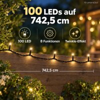 LED Lichterkette warmweiß außen 100LED 742,5cm Schwarz Twinkle