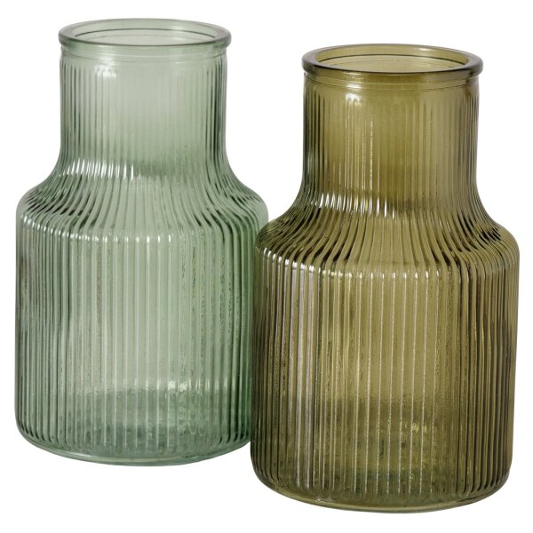 Boltze Glasvasen Set 2er – geriffelte Vasen 14 cm, Ø 9 cm, lackiertes Glas in Grün, glänzend