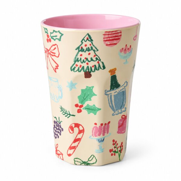 Trinkbecher Melamin 400ml Bunt Creme Rosa Weihnachtsdesign Becher