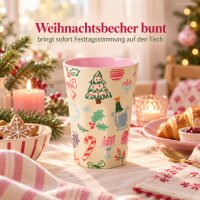 Trinkbecher Melamin 400ml Bunt Creme Rosa Weihnachtsdesign Becher