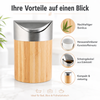 BONJA Kosmetikeimer aus Bambus & Edelstahl – mit Schwingdeckel, 800 ml