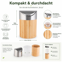 BONJA Kosmetikeimer aus Bambus & Edelstahl – mit Schwingdeckel, 800 ml