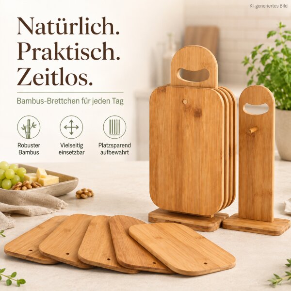 Bambus-Brettchenständer mit 6 Schneidebrettern – Praktisches Set, 11,99 €