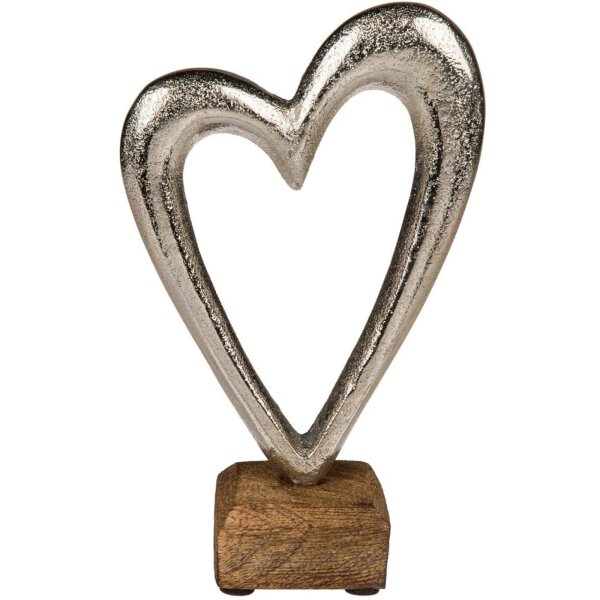 Silberfarbenes Metall-Herz auf Holz-Standfuß