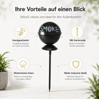 Aschenbecher auf Gartenstab – Runder, Schwarzer Aschenbecher mit Deckel & „Smoke“ Schriftzug