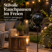 Aschenbecher auf Gartenstab – Runder, Schwarzer Aschenbecher mit Deckel & „Smoke“ Schriftzug