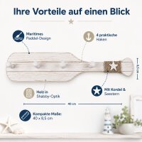 Maritime Wandgarderobe Paddel aus Holz mit 4 Haken – ca. 40 x 8,5 cm