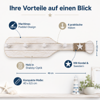 Maritime Wandgarderobe Paddel aus Holz mit 4 Haken – ca. 40 x 8,5 cm