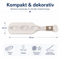 Maritime Wandgarderobe Paddel aus Holz mit 4 Haken – ca. 40 x 8,5 cm
