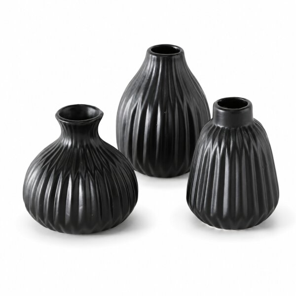 3er Vasen Set 11cm schwarz Anthrazit-Schwarz Keramik für Sideboard