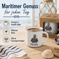 Steingutbecher Captain 300 ml – maritimer Becher in Emaille-Optik