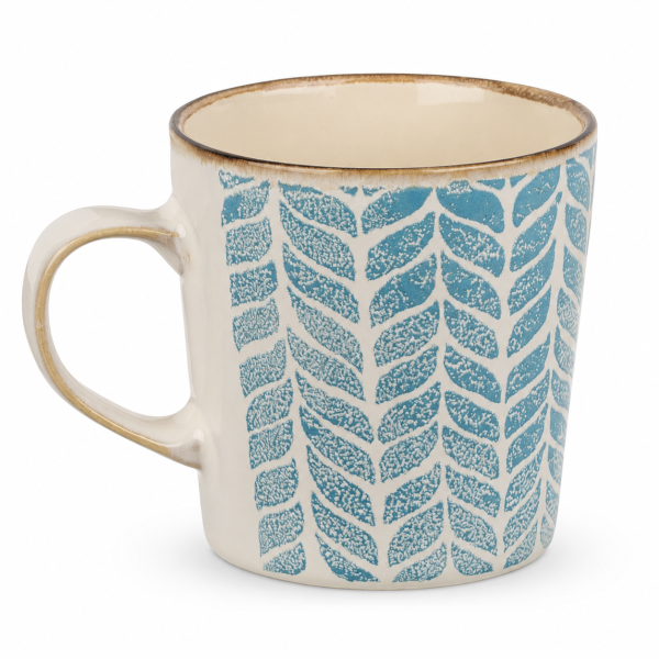Steingutbecher Reactive Glaze Blau mit Blattmuster