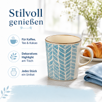 Steingutbecher Reactive Glaze Blau mit Blattmuster