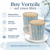 Steingutbecher Reactive Glaze Blau mit Blattmuster
