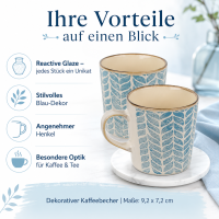 Steingutbecher Reactive Glaze Blau mit Blattmuster