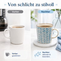 Steingutbecher Reactive Glaze Blau mit Blattmuster