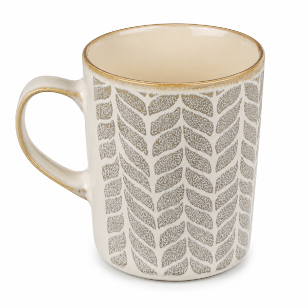 Steingutbecher Reactive Glaze Grau mit Blattmuster