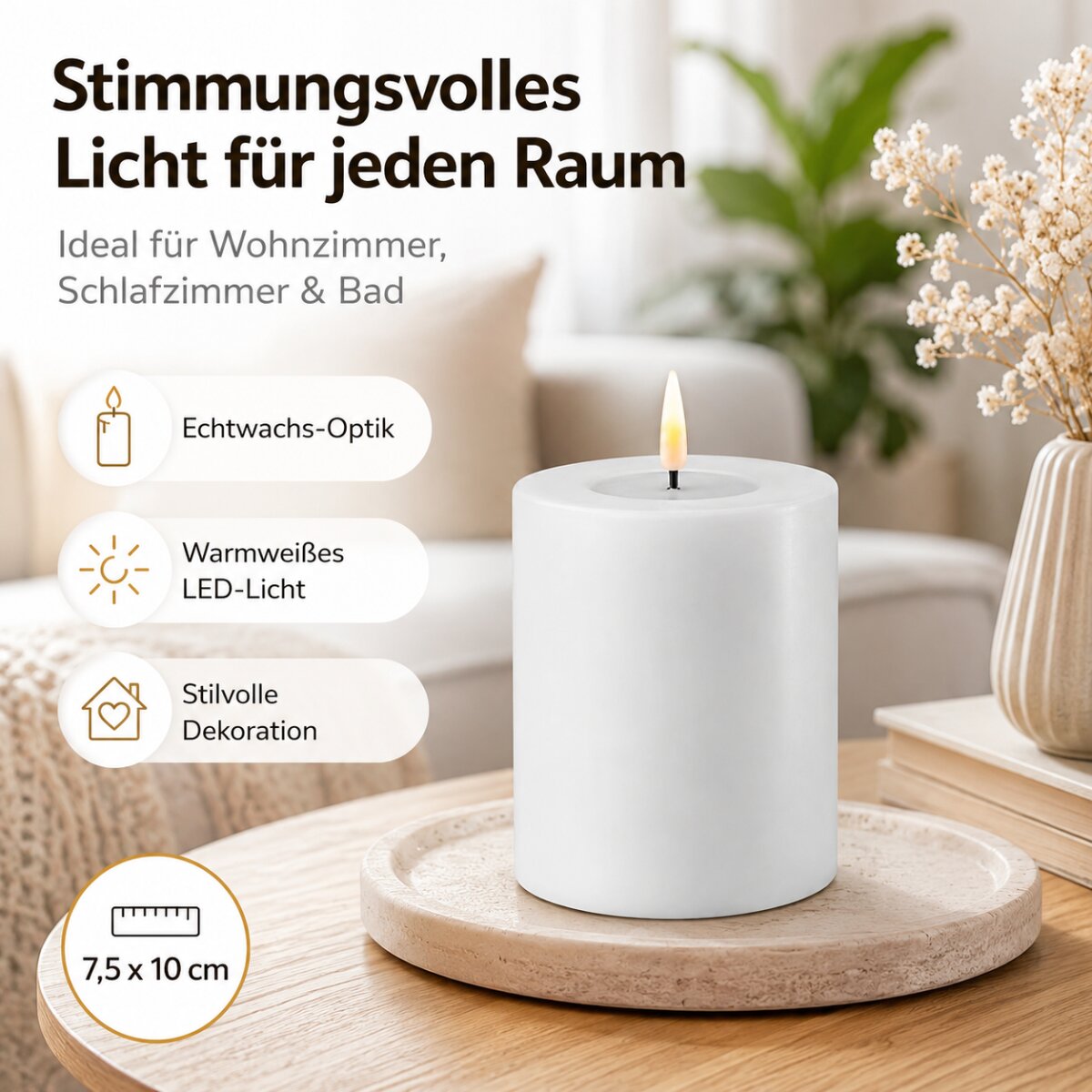 ReWu LED Kerze Deluxe Homeart – Echtwachs Mit Spiegelfuß, Warmweiß, Timer-Funktion, Höhe 10 Cm, Durchmesser 7
