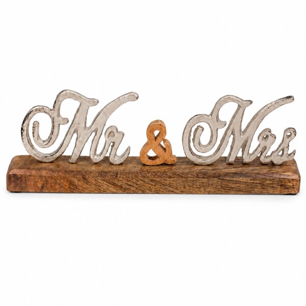 Mr & Mrs Schriftzug aus Metall auf Mangoholz-Standfuß