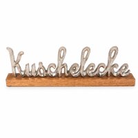 Kuschelecke Schriftzug aus Aluminium auf Mangoholz-Standfuß