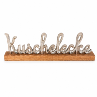 Kuschelecke Schriftzug aus Aluminium auf Mangoholz-Standfuß