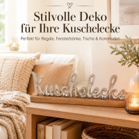 Kuschelecke Schriftzug aus Aluminium auf Mangoholz-Standfuß