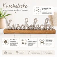 Kuschelecke Schriftzug aus Aluminium auf Mangoholz-Standfuß