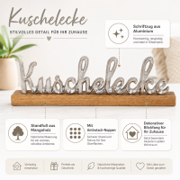 Kuschelecke Schriftzug aus Aluminium auf Mangoholz-Standfuß