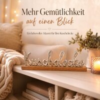 Kuschelecke Schriftzug aus Aluminium auf Mangoholz-Standfuß