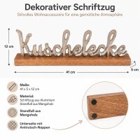 Kuschelecke Schriftzug aus Aluminium auf Mangoholz-Standfuß