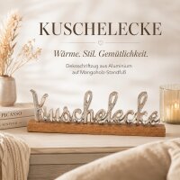 Kuschelecke Schriftzug aus Aluminium auf Mangoholz-Standfuß