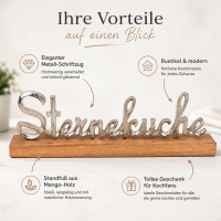 Silberfarbener Metall-Schriftzug „Sterneküche“ auf Mango-Holz-Standfuß