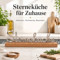 Silberfarbener Metall-Schriftzug „Sterneküche“ auf Mango-Holz-Standfuß