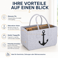 Kaminholztasche Filz grau mit Anker
