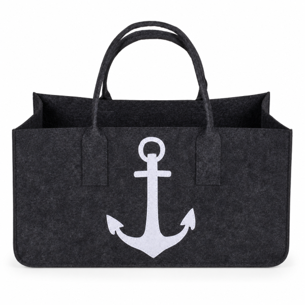 anthrazitfarbene Filztasche für Kaminholz mit Anker