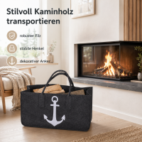 anthrazitfarbene Filztasche für Kaminholz mit Anker