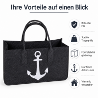 anthrazitfarbene Filztasche für Kaminholz mit Anker