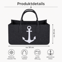 anthrazitfarbene Filztasche für Kaminholz mit Anker
