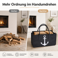 anthrazitfarbene Filztasche für Kaminholz mit Anker
