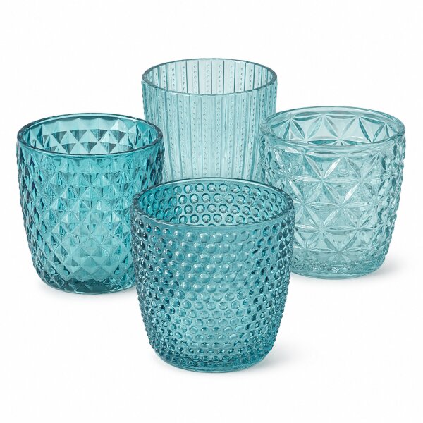 Windlichter Set 7,5cm Blau Petrol - Glas Teelichtgläser 4 teilig