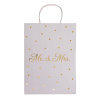 Weiße Papier Geschenktüte Mr & Mrs mit goldenen Punkten