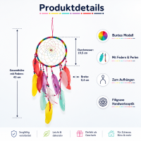 Traumfänger bunt mit Federn – ca. 43 cm, Boho-Wanddeko zum Aufhängen