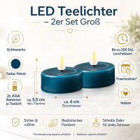Deluxe Homeart LED Kerze mit Timerfunktion Petrol Großes Teelicht