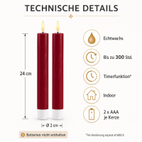 Deluxe Homeart LED Stabkerze 2er Set Bordeaux