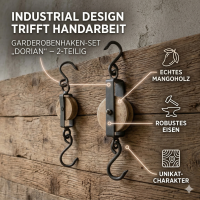 Garderobenhaken Wandhaken "Flaschenzug" aus Mangoholz und Metall SET